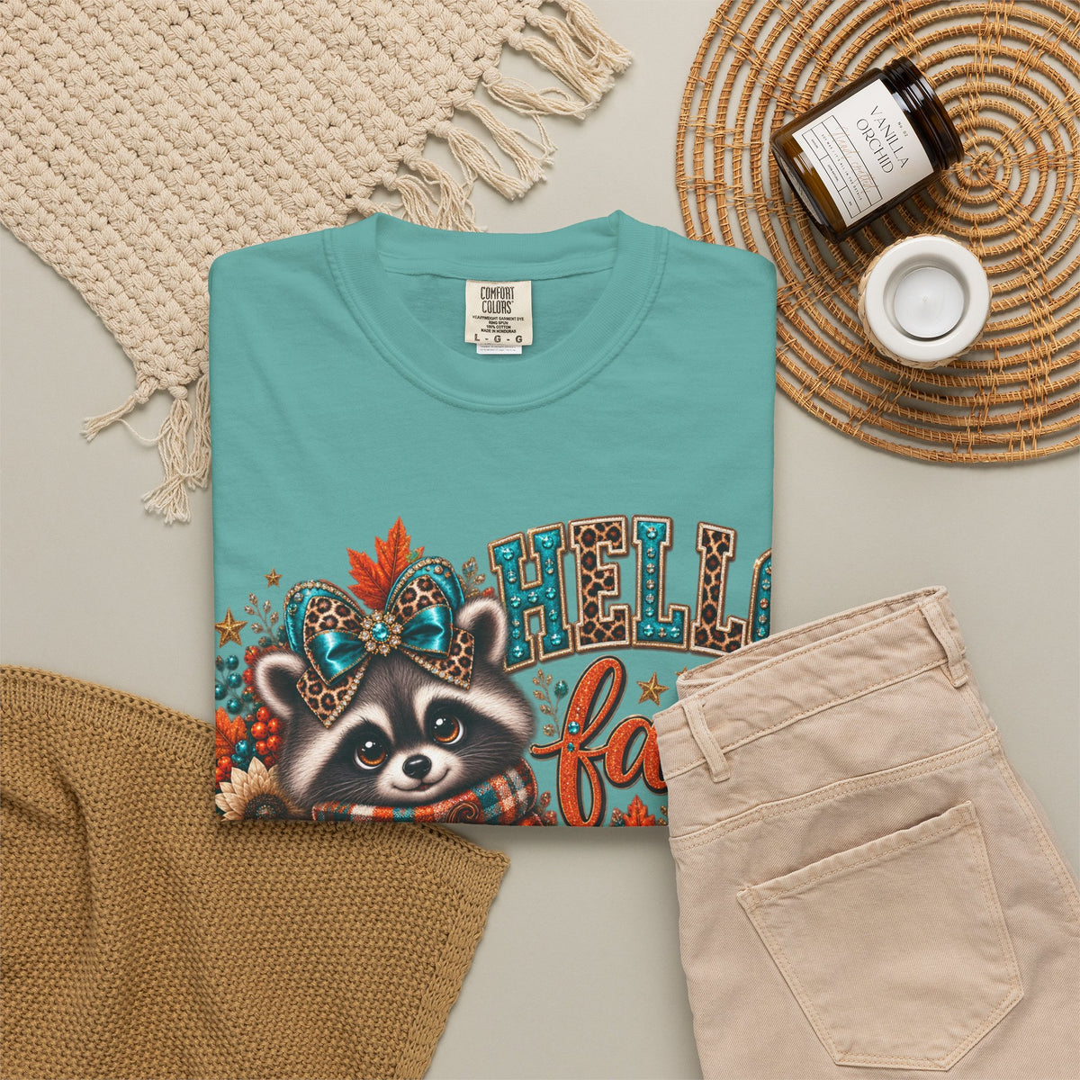 Hello Fall Raccoon Shirt โ Cute Pumpkin & Plaid Fall Graphic Tee