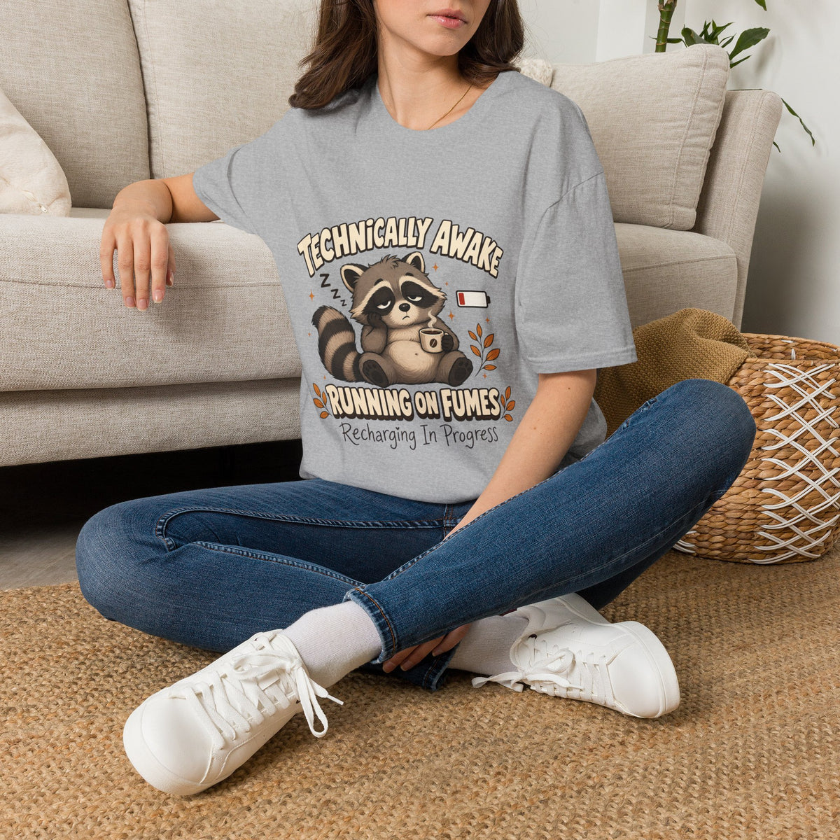 Technically Awake Running on Fumes Raccoon Shirt – Funny Tired Graphic Tee
