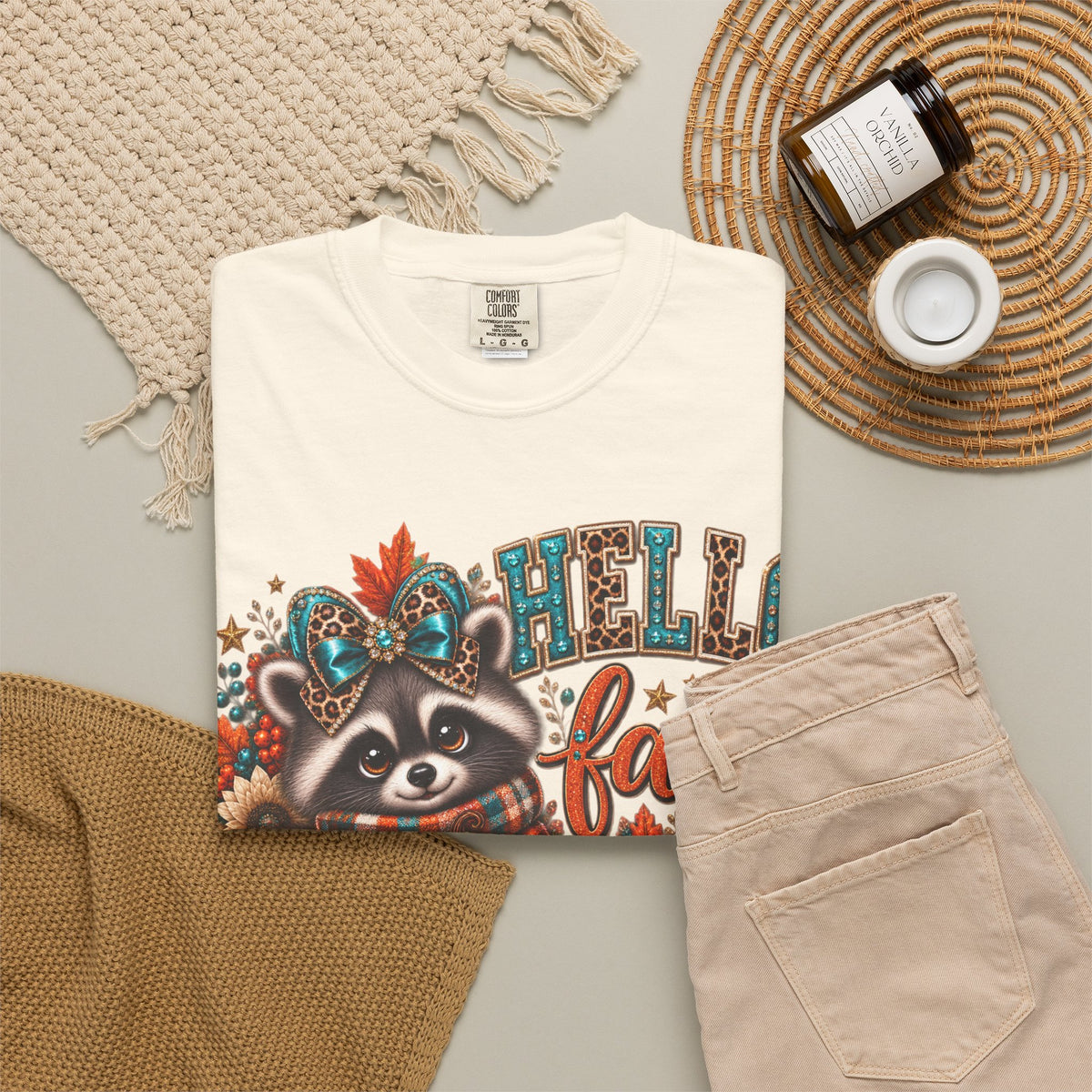 Hello Fall Raccoon Shirt – Cute Pumpkin & Plaid Fall Graphic Tee