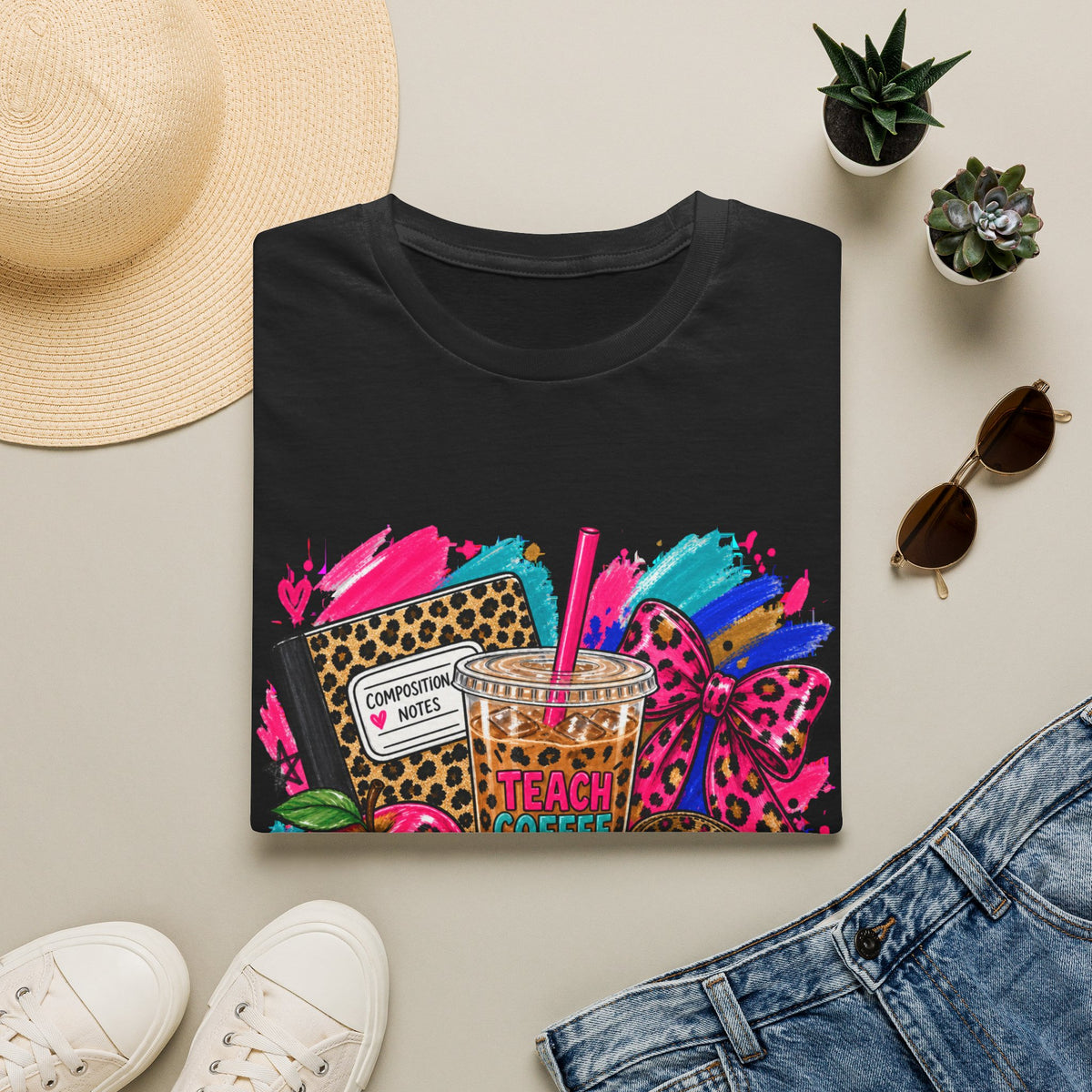 Teach Coffee Inspire Teacher Shirt – Colorful Leopard Print Graphic Tee