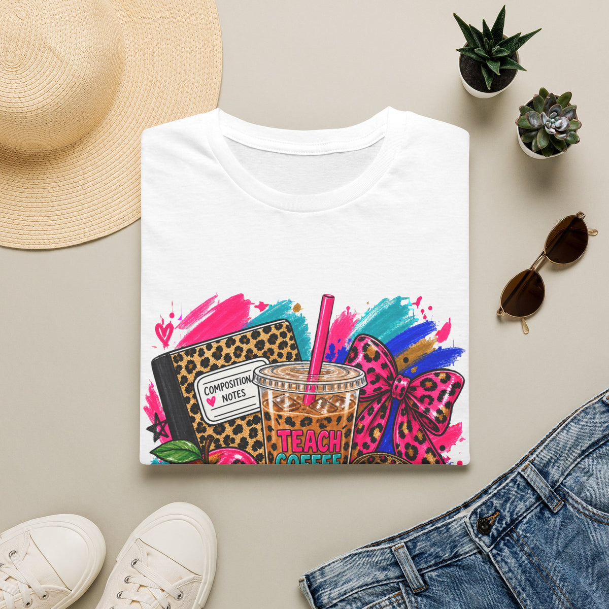 Teach Coffee Inspire Teacher Shirt – Colorful Leopard Print Graphic Tee