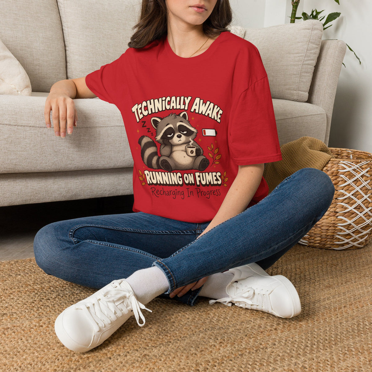 Technically Awake Running on Fumes Raccoon Shirt – Funny Tired Graphic Tee