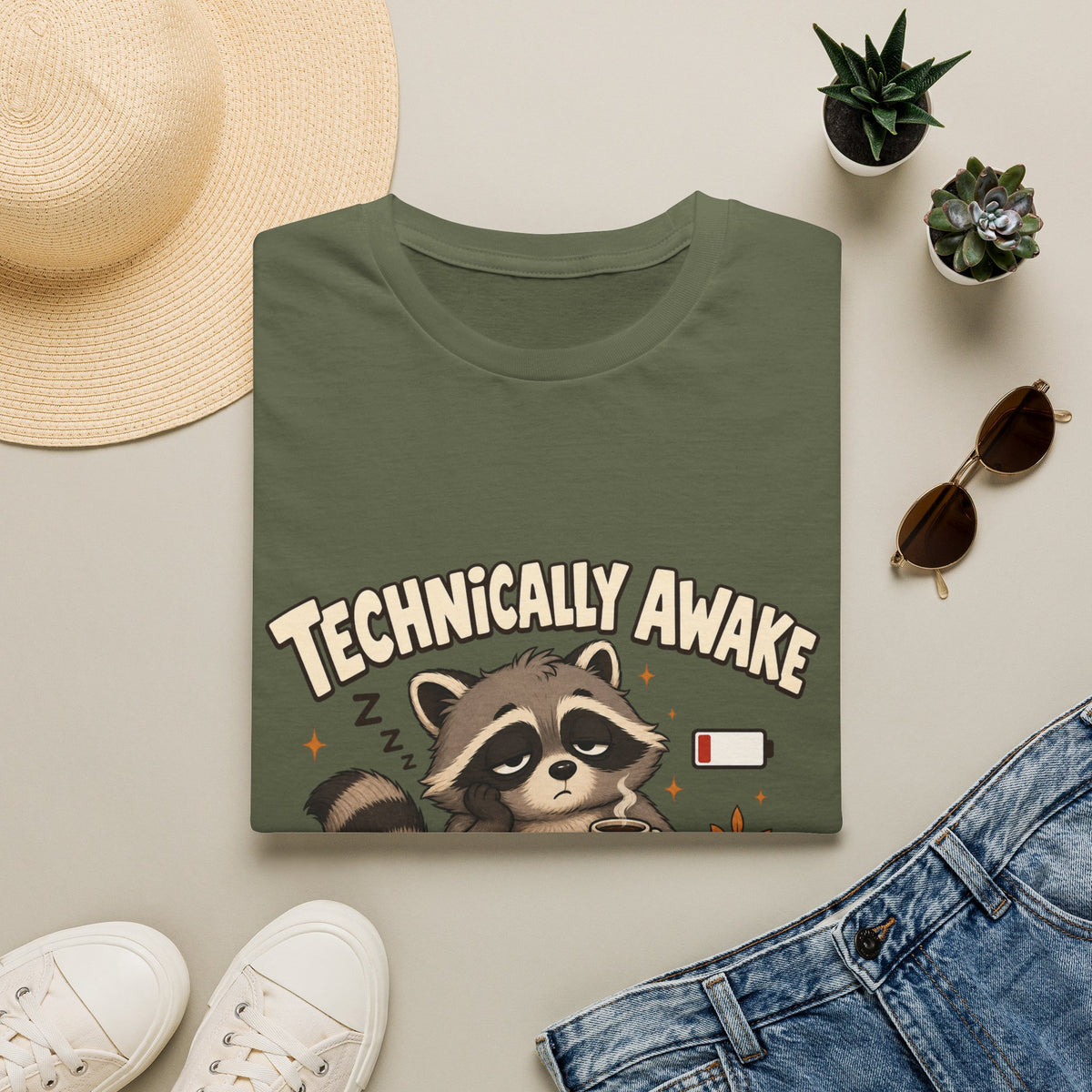 Technically Awake Running on Fumes Raccoon Shirt – Funny Tired Graphic Tee