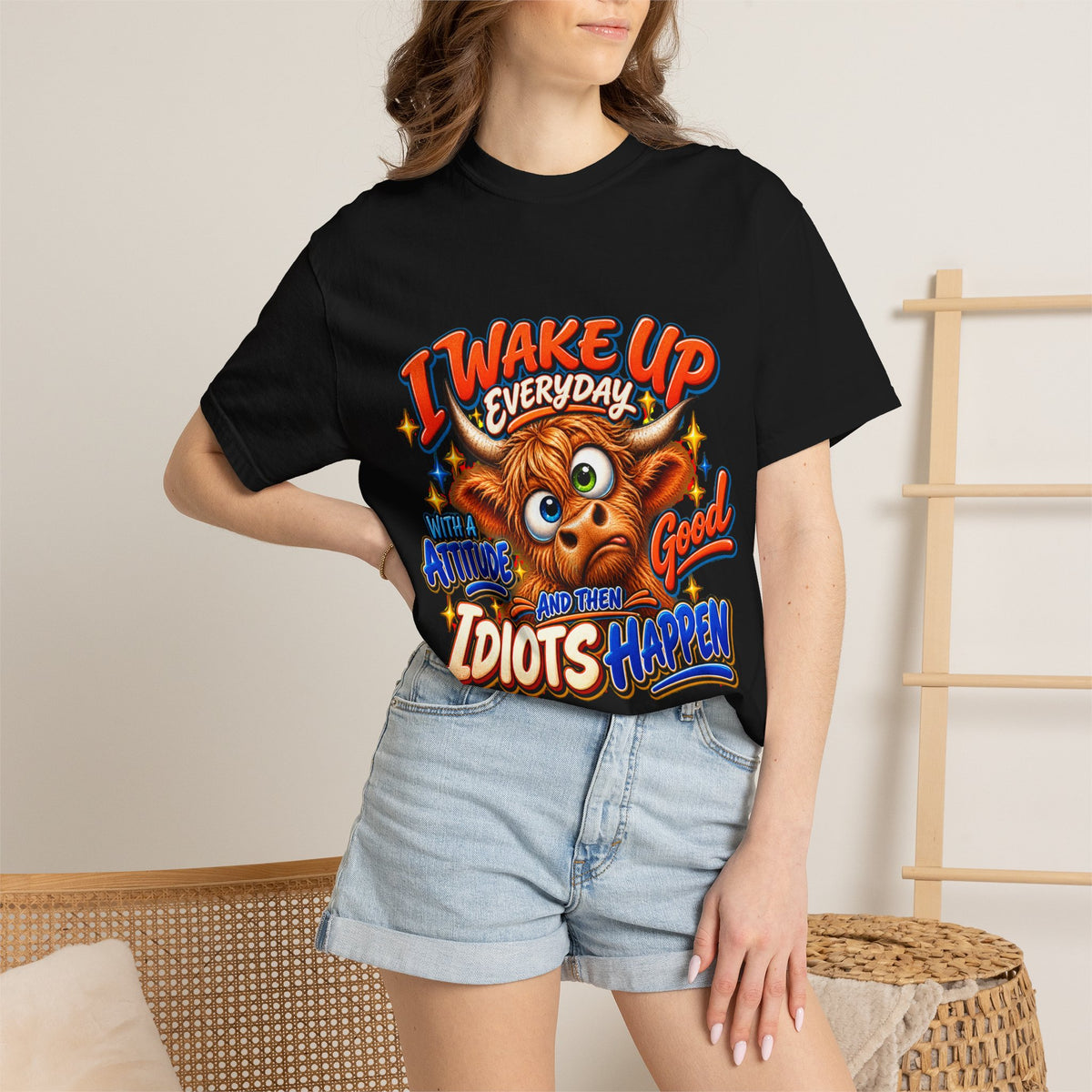 I Wake Up Everyday With a Good Attitude Funny Highland Cow T-Shirt