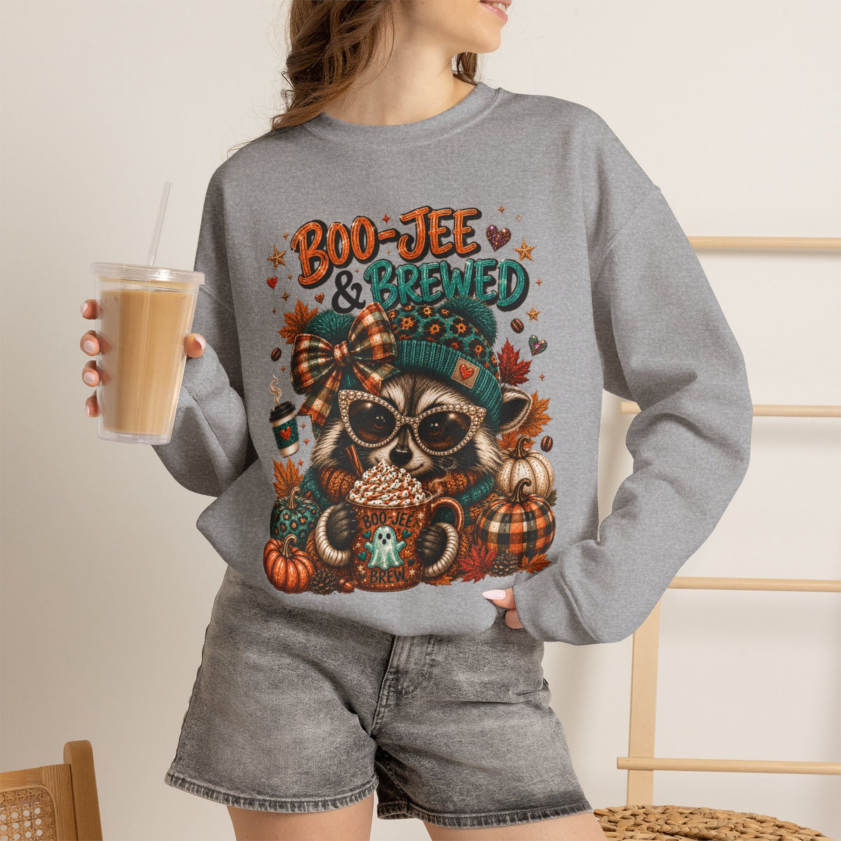 Boo-Jee & Brewed Raccoon Sweatshirt – Cute Fall Coffee Graphic Crewneck