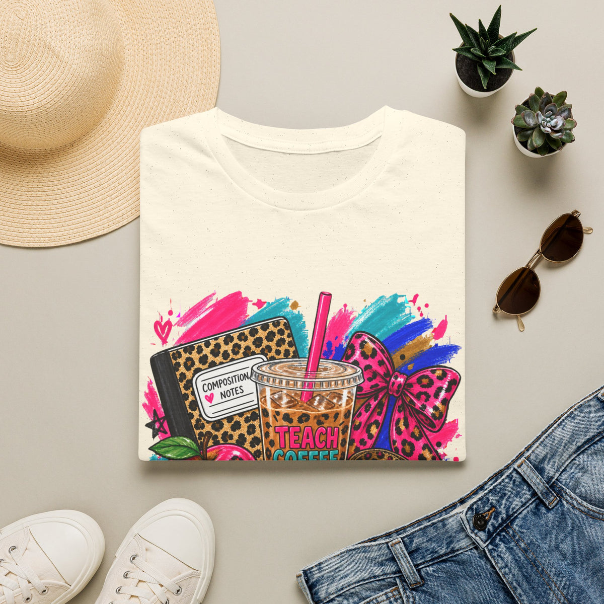 Teach Coffee Inspire Teacher Shirt – Colorful Leopard Print Graphic Tee