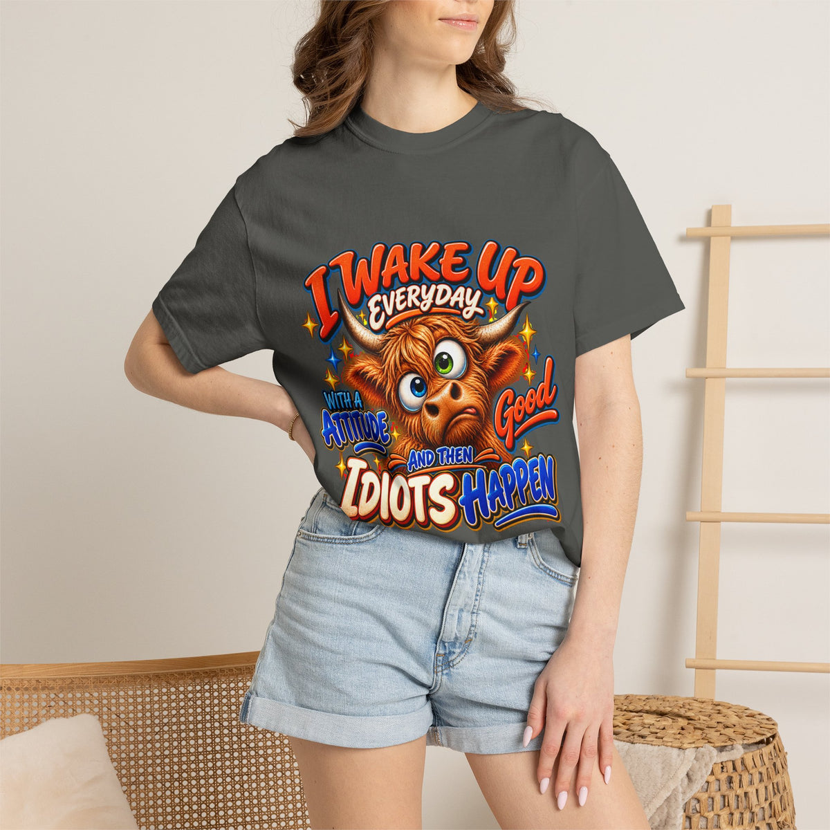 I Wake Up Everyday With a Good Attitude Funny Highland Cow T-Shirt