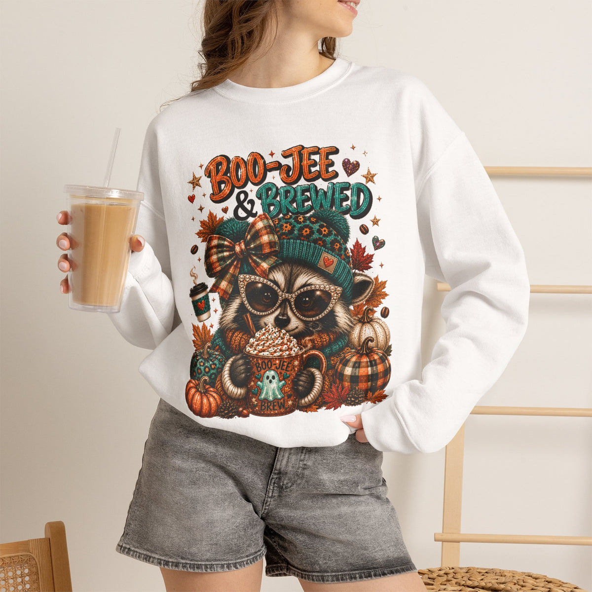 Boo-Jee & Brewed Raccoon Sweatshirt – Cute Fall Coffee Graphic Crewneck