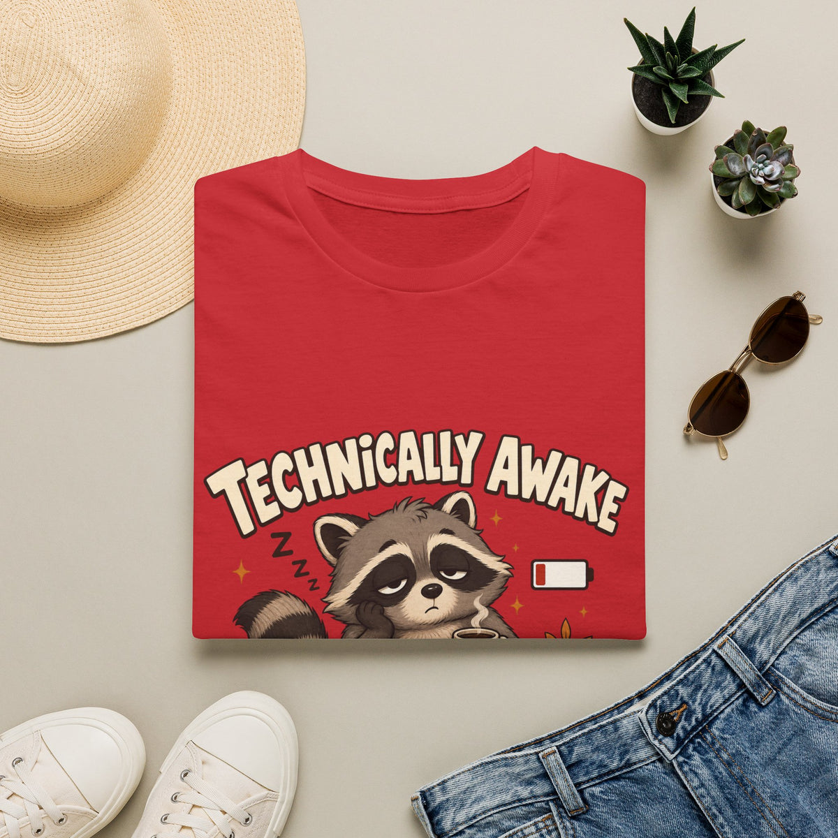 Technically Awake Running on Fumes Raccoon Shirt – Funny Tired Graphic Tee