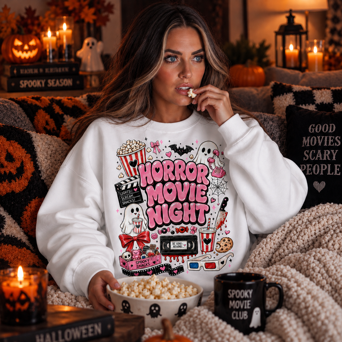 Horror Movie Night Sweatshirt, Cute Halloween Ghost Crewneck, Spooky Season Movie Sweatshirt, Girly Halloween Pullover, Cozy Fall Shirt