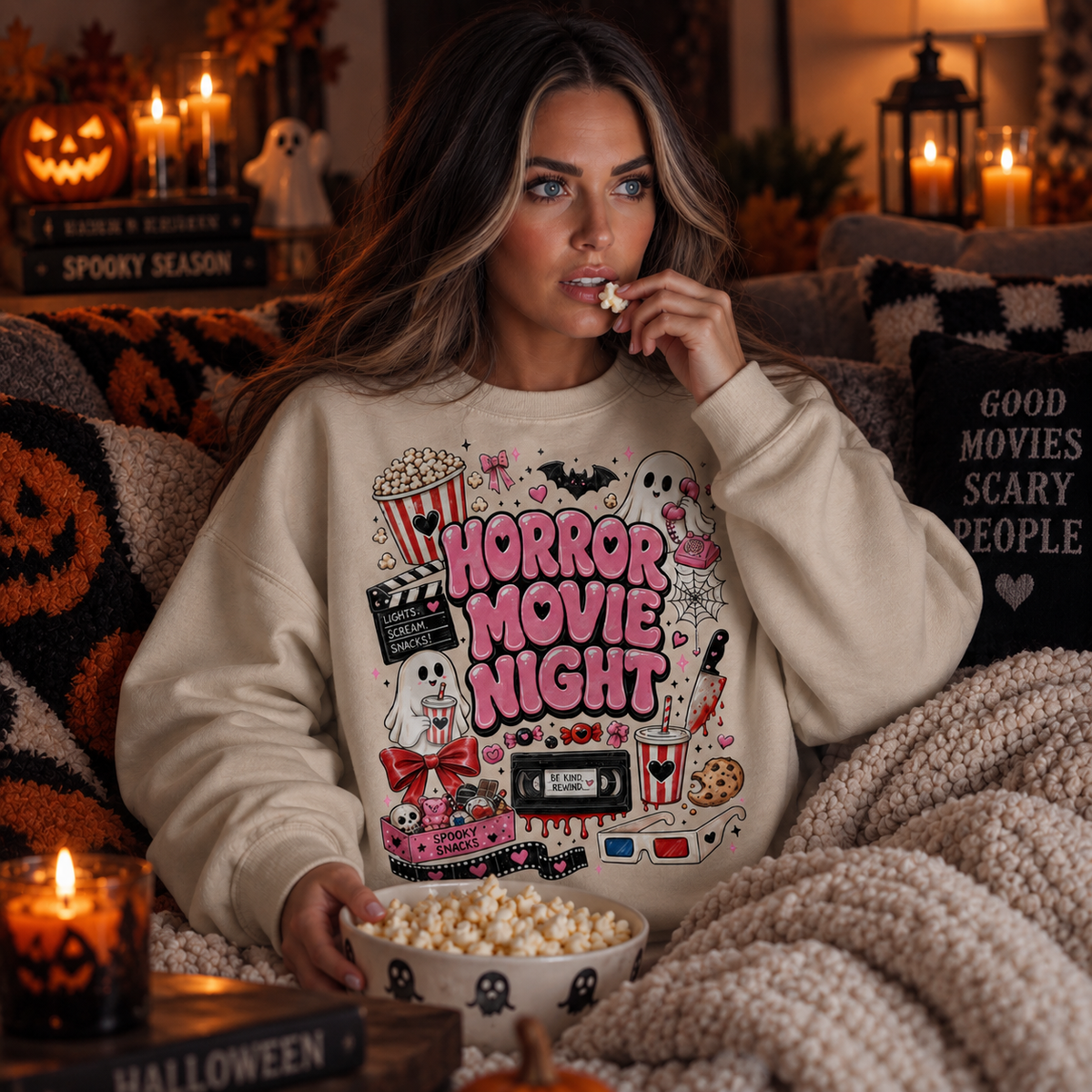 Horror Movie Night Sweatshirt, Cute Halloween Ghost Crewneck, Spooky Season Movie Sweatshirt, Girly Halloween Pullover, Cozy Fall Shirt