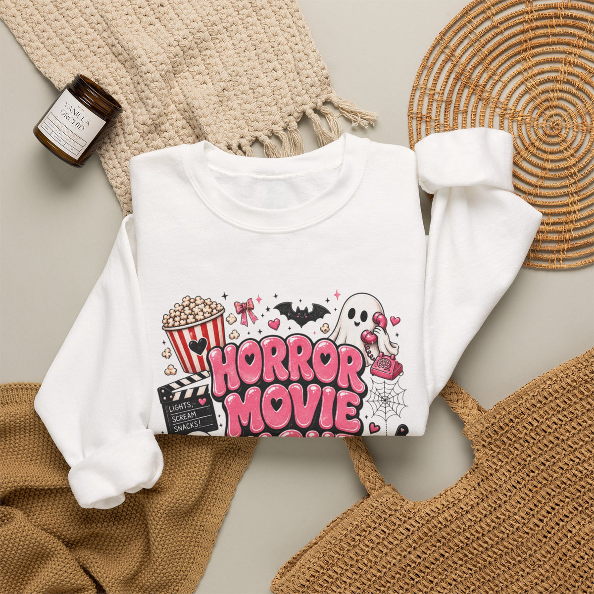 Horror Movie Night Sweatshirt, Cute Halloween Ghost Crewneck, Spooky Season Movie Sweatshirt, Girly Halloween Pullover, Cozy Fall Shirt
