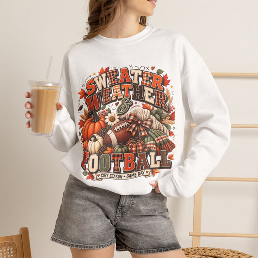 Sweater Weather & Football Sweatshirt – Cozy Fall Game Day Crewneck  Product Description