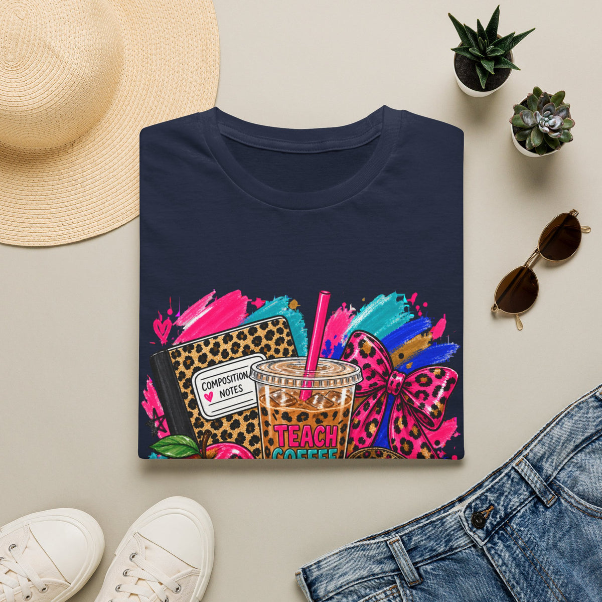 Teach Coffee Inspire Teacher Shirt – Colorful Leopard Print Graphic Tee