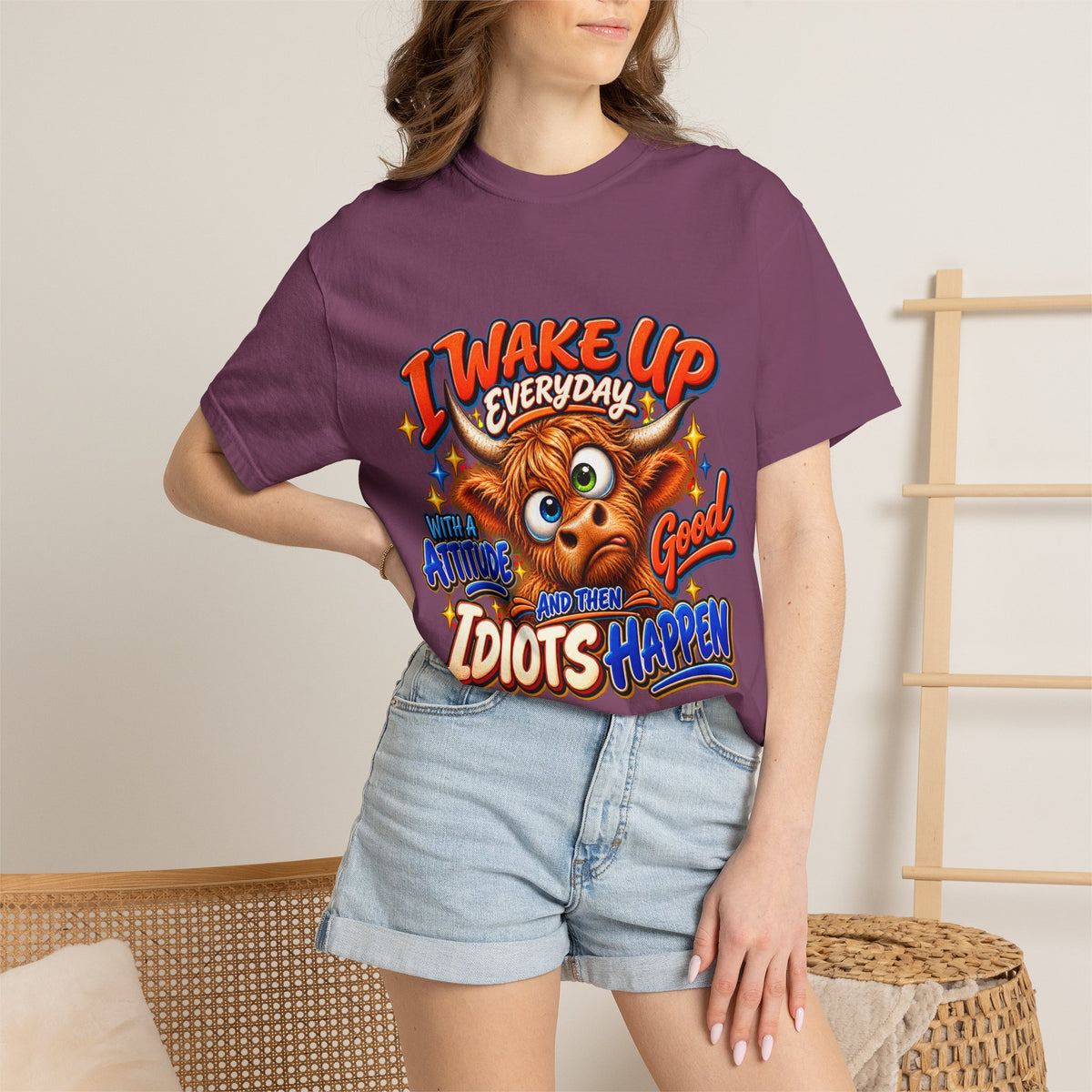 I Wake Up Everyday With a Good Attitude Funny Highland Cow T-Shirt