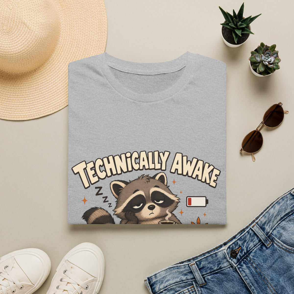 Technically Awake Running on Fumes Raccoon Shirt – Funny Tired Graphic Tee