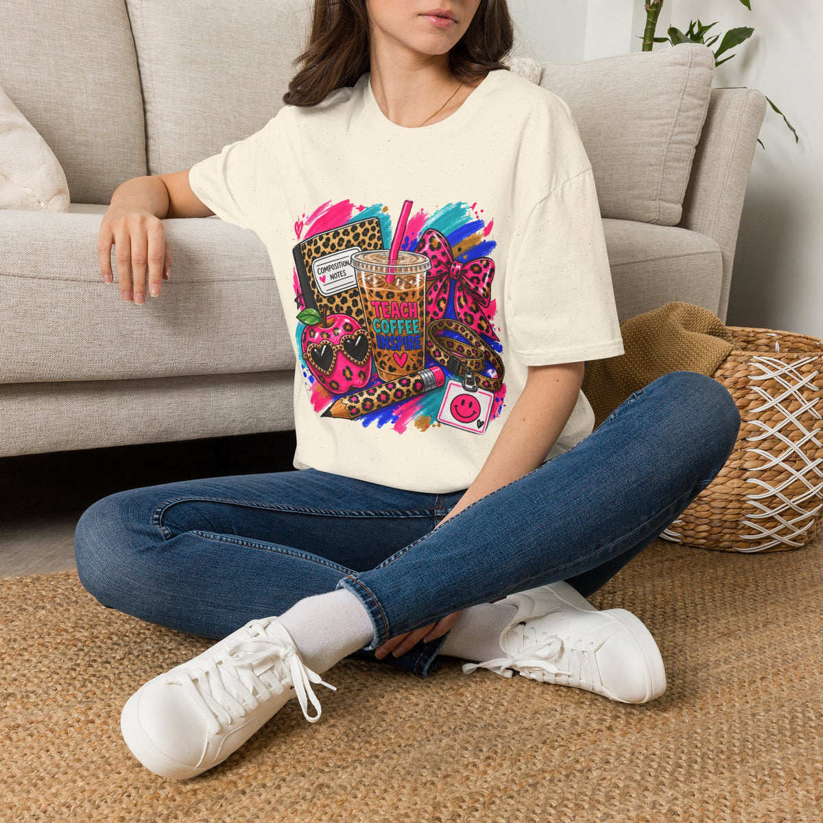 Teach Coffee Inspire Teacher Shirt – Colorful Leopard Print Graphic Tee