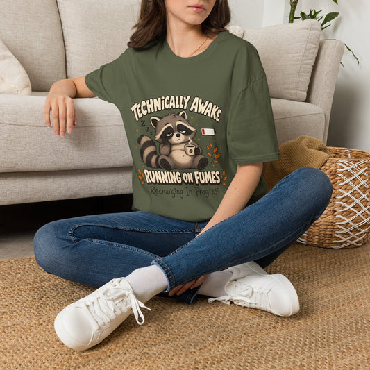 Technically Awake Running on Fumes Raccoon Shirt – Funny Tired Graphic Tee