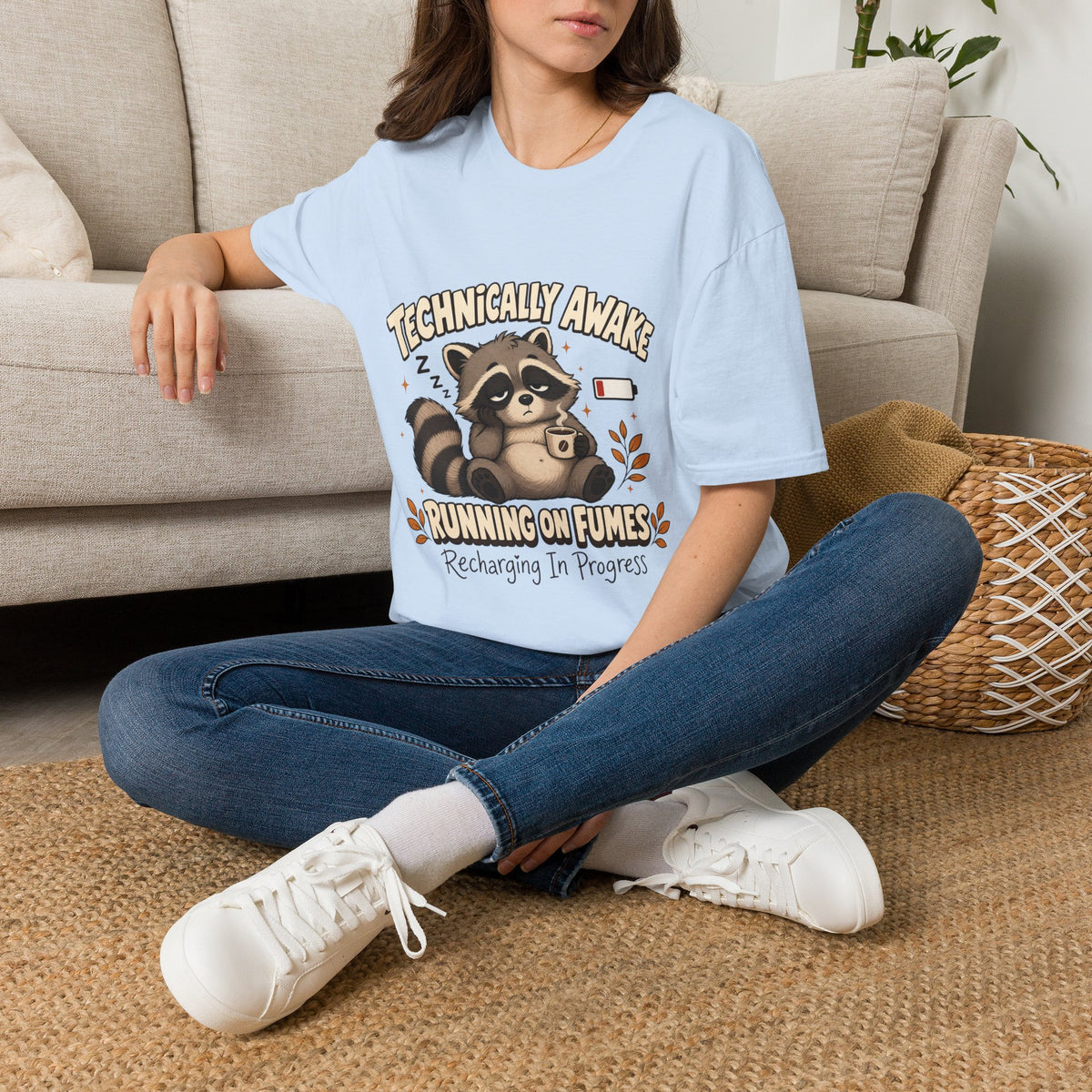 Technically Awake Running on Fumes Raccoon Shirt – Funny Tired Graphic Tee