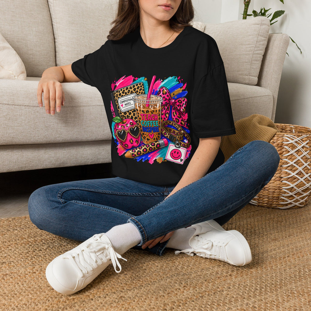 Teach Coffee Inspire Teacher Shirt – Colorful Leopard Print Graphic Tee