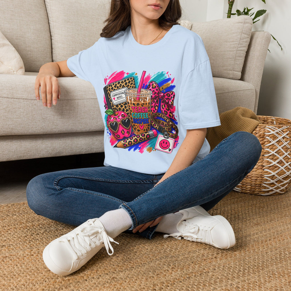 Teach Coffee Inspire Teacher Shirt – Colorful Leopard Print Graphic Tee