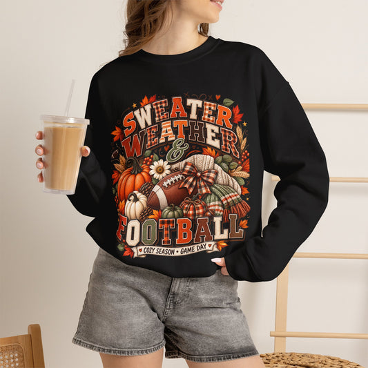 Sweater Weather & Football Sweatshirt – Cozy Fall Game Day Crewneck  Product Description