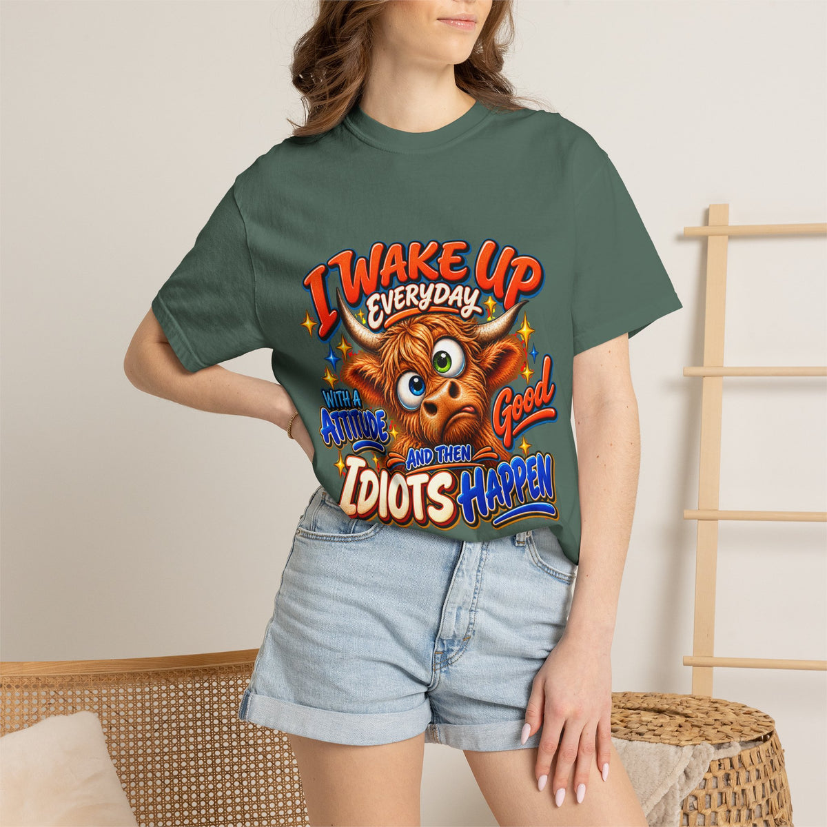 I Wake Up Everyday With a Good Attitude Funny Highland Cow T-Shirt
