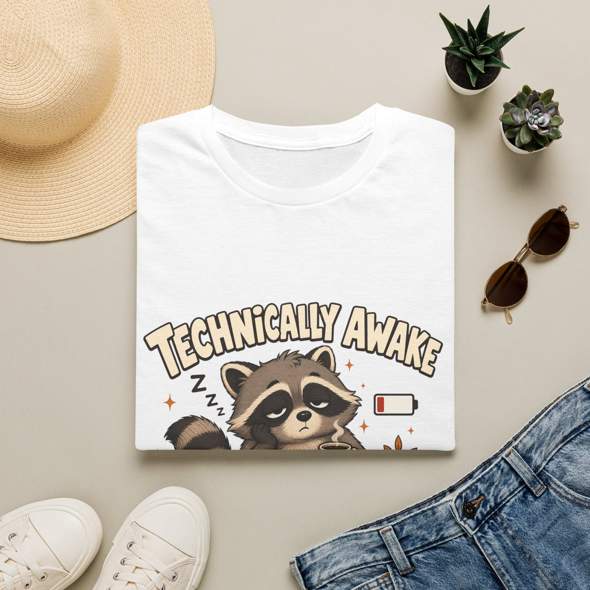 Technically Awake Running on Fumes Raccoon Shirt – Funny Tired Graphic Tee
