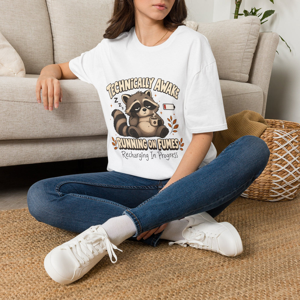 Technically Awake Running on Fumes Raccoon Shirt – Funny Tired Graphic Tee