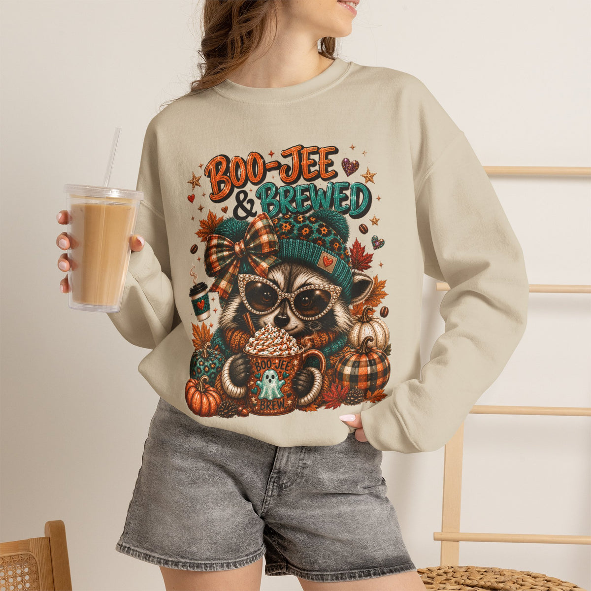 Boo-Jee & Brewed Raccoon Sweatshirt – Cute Fall Coffee Graphic Crewneck