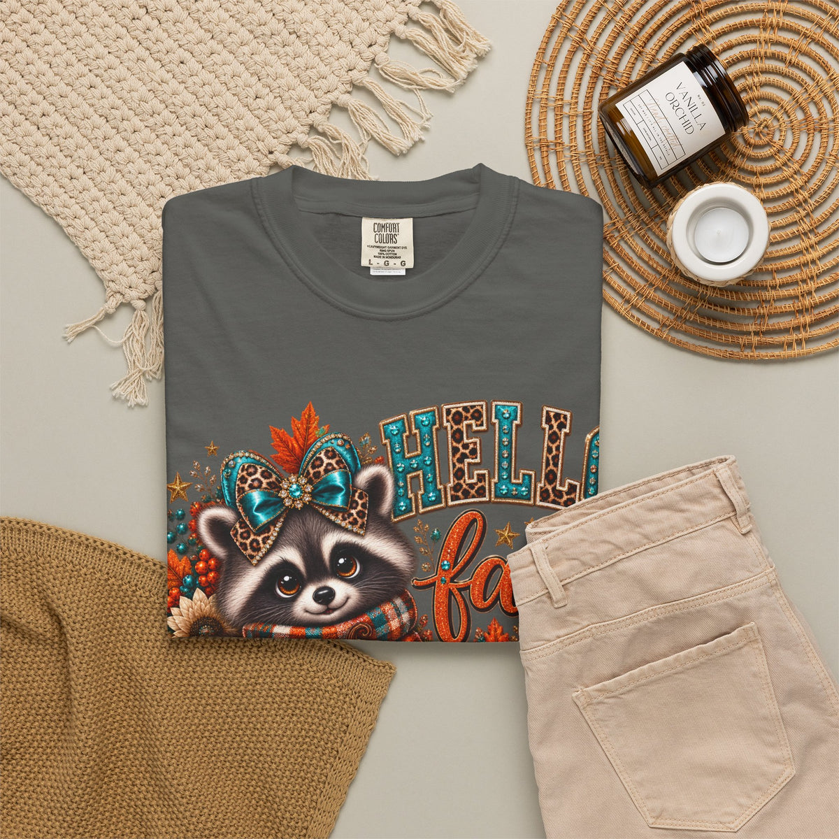 Hello Fall Raccoon Shirt – Cute Pumpkin & Plaid Fall Graphic Tee