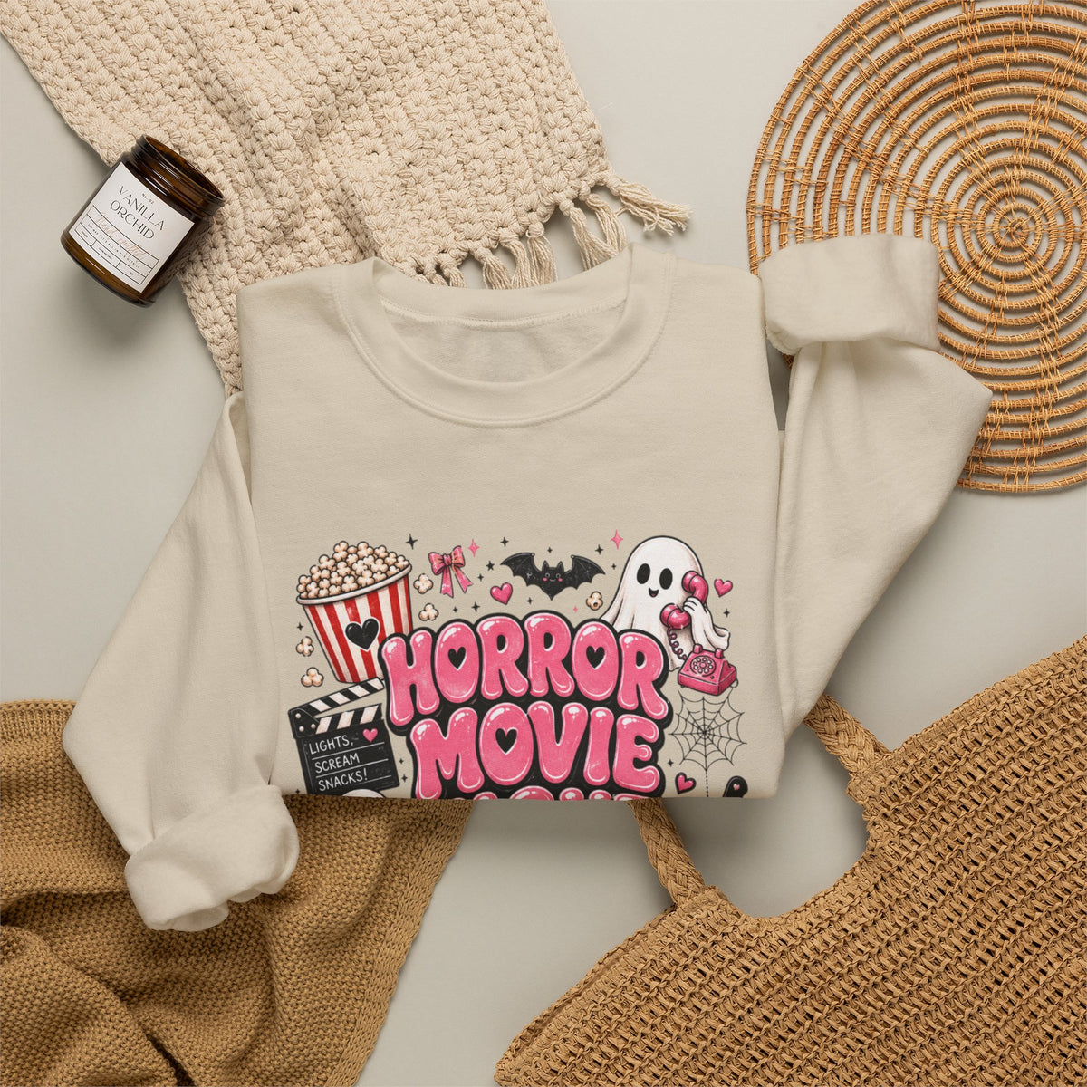 Horror Movie Night Sweatshirt, Cute Halloween Ghost Crewneck, Spooky Season Movie Sweatshirt, Girly Halloween Pullover, Cozy Fall Shirt