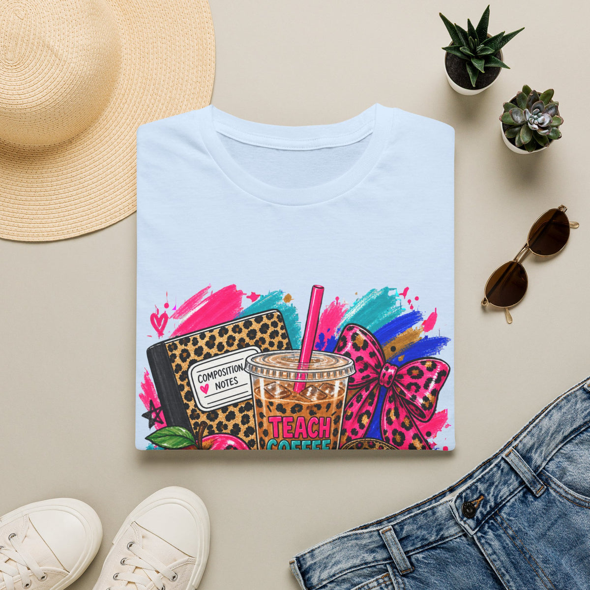 Teach Coffee Inspire Teacher Shirt – Colorful Leopard Print Graphic Tee