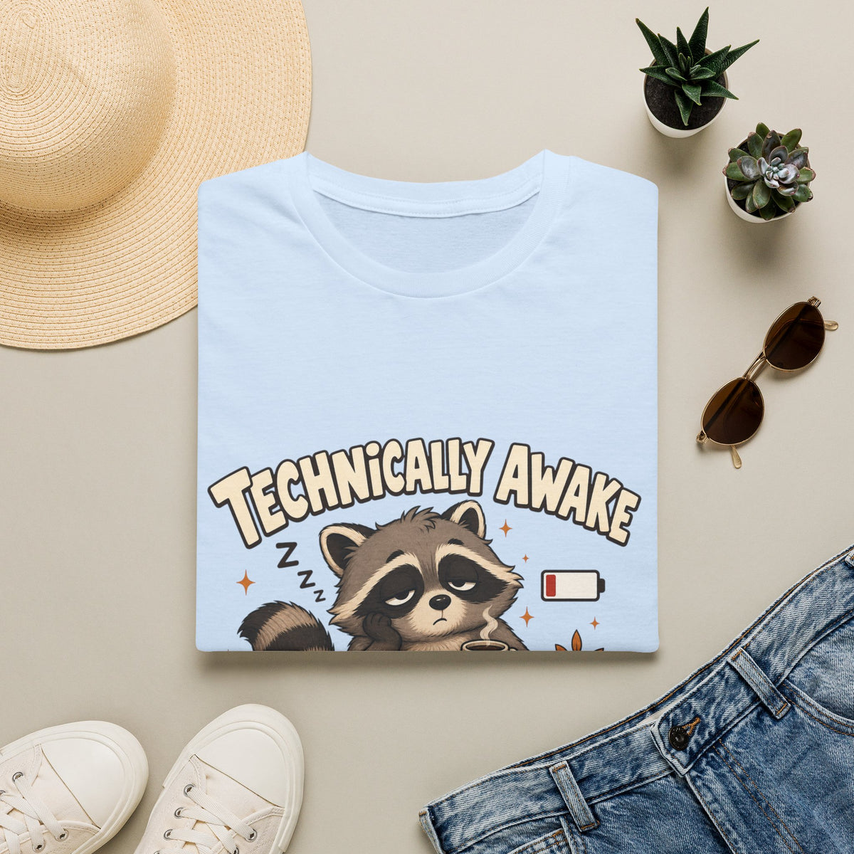 Technically Awake Running on Fumes Raccoon Shirt – Funny Tired Graphic Tee