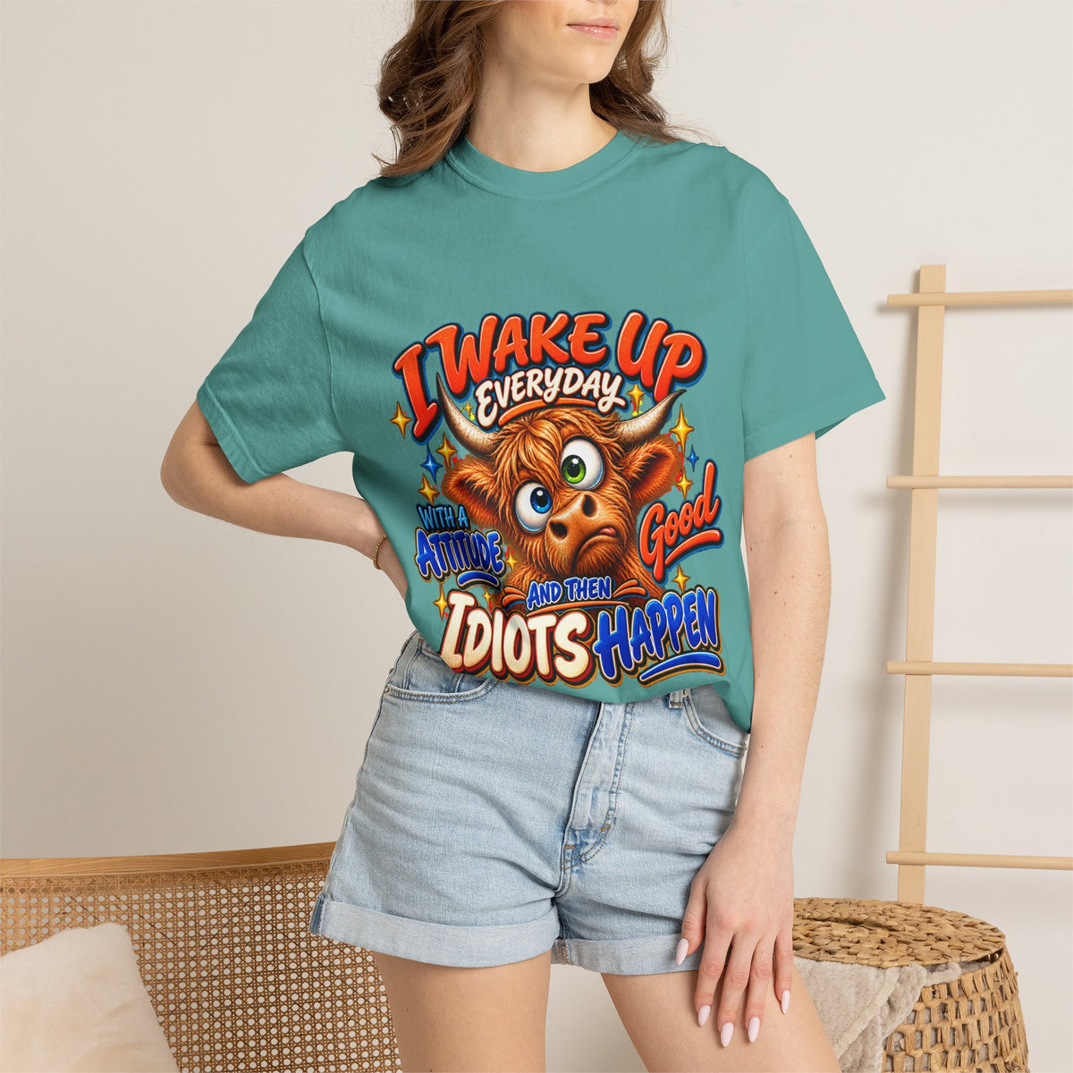 I Wake Up Everyday With a Good Attitude Funny Highland Cow T-Shirt